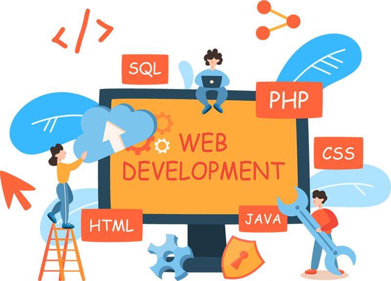 Ilustracija web razvoja — monitor, tim i alati